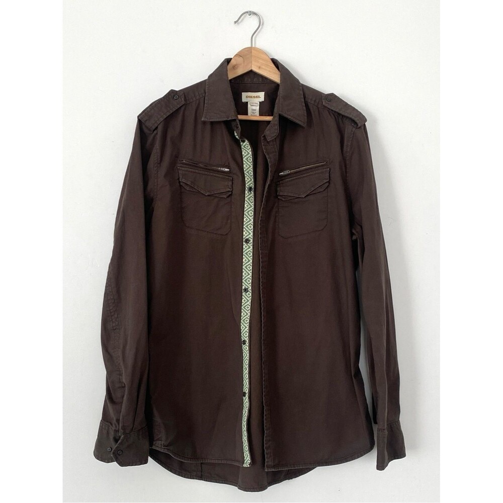 Diesel Brown Military Shirt Jacket Shacket Slim Fit Embroidered Detail XXL Sleek
